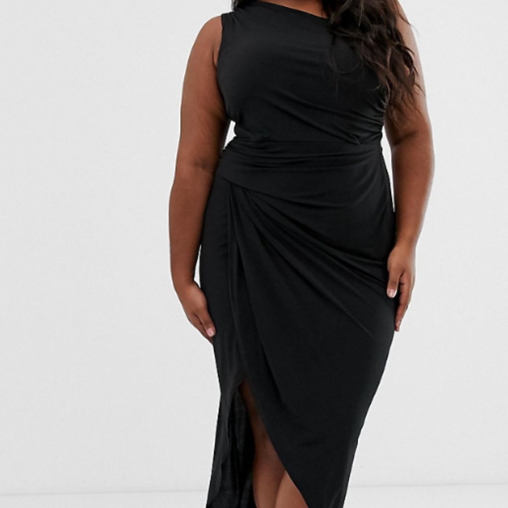 NWT John Zack One Shoulder Draped Midi Dress - Black - Size 14